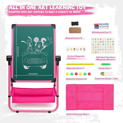 Kids Art Easel Double Sided Iron Easel 29.6inch-44inch Height Adjustable Drawing Board 360° Rotatable Easel Whiteboard & Chalkboard Standing Art Easel for Kids Boys Girls 3+