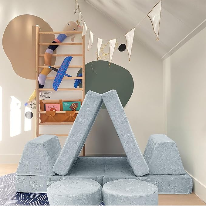 MeMoreCool Modular Kids Play Couch Sofa, Gray 8-Piece Fold-Out Convertible Toddler Couch with Rocket, Star, and Moon Patterns for Playroom