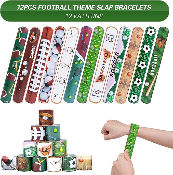 72PCS Sport Slap Bracelets Wristband Sport Party Favors Set, Sport Birthday Party Match Supplies Classroom Prizes, Sports Themed Bracelets for Kids and Adults, 12 Patterns