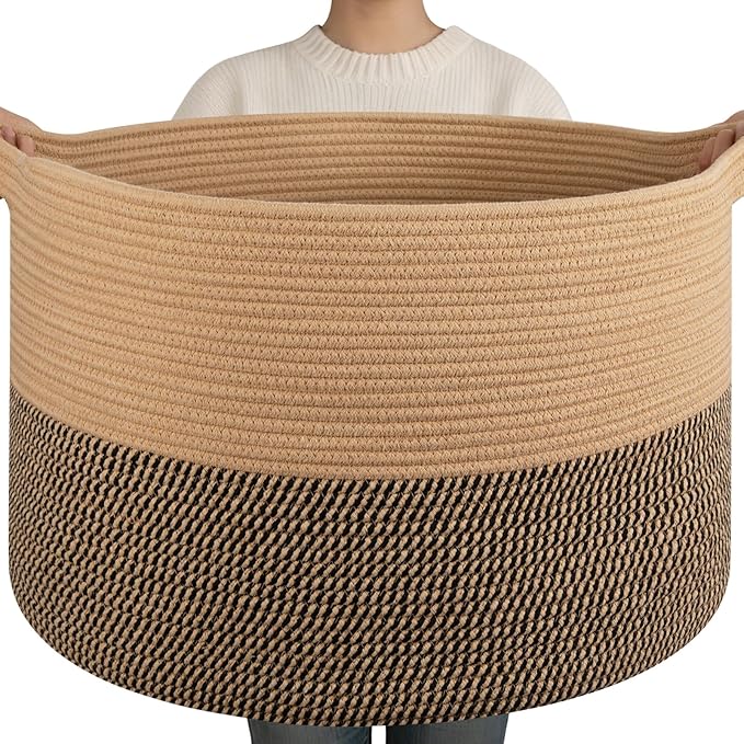 OIAHOMY 90L XXXLarge Blanket Basket for Living Room, 21.7" x 13.8" Woven Cotton Rope Laundry Basket for Organizing Pillows, Decorative Stuffed Animal Toy Storage Bin for Nursery, Jute and Black