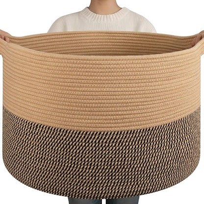 OIAHOMY 90L XXXLarge Blanket Basket for Living Room, 21.7" x 13.8" Woven Cotton Rope Laundry Basket for Organizing Pillows, Decorative Stuffed Animal Toy Storage Bin for Nursery, Jute and Black