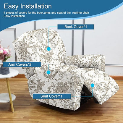 NILUOH Recliner Covers 4-Pieces Stretch Lazy Boy Recliner Chair Covers with Pocket Floral Pattern Reclining Slipcovers Soft Sofa Slipcover Furniture Protector for Pets Kids (Recliner, Pattern 34)