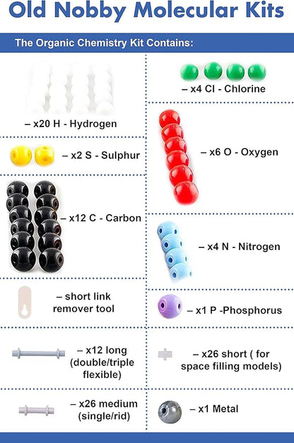 Old Nobby Chemistry Model Kit - 115 Piece Molecular Model Set with Atoms, Bonds, and Instructional Guide - STEM Science Tool for Students, Organic Chemistry and Molecular Learning - Colorful Models