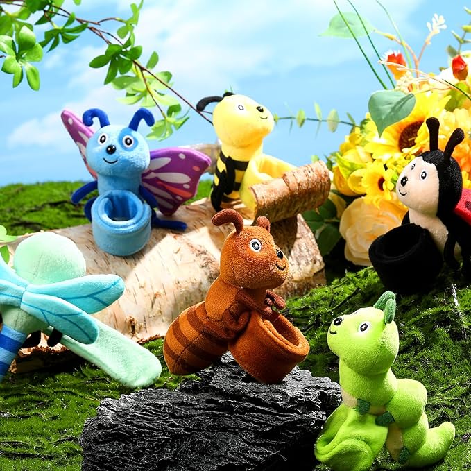6 Pcs Stuffed Animal Slap Bracelets Plush Animal Snap Bracelets Cute Wrist Slap Band Toy Wrist Animals Slap Bracelet Wrist Toy for Girls Boys Kids Gift Party Favors Birthday (Insect Animals)