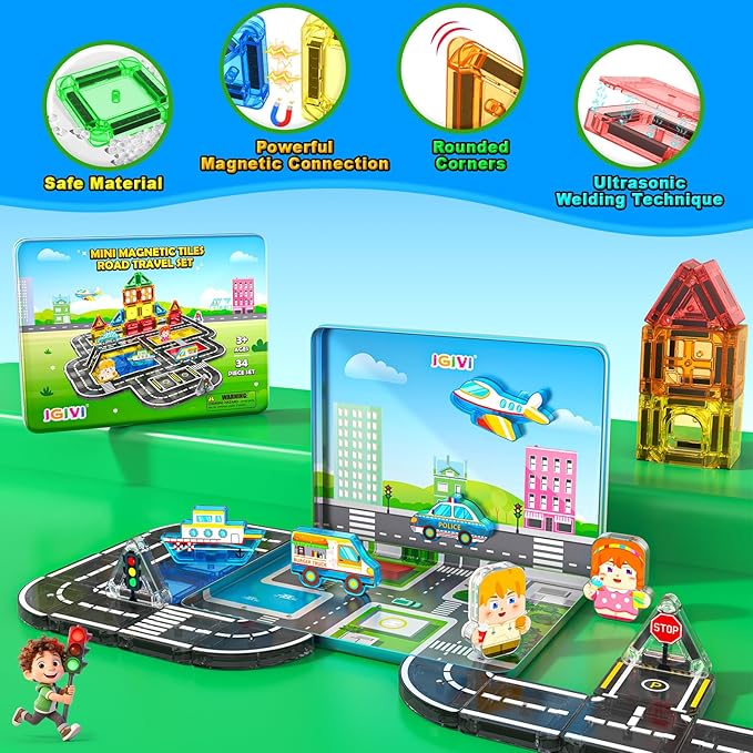 Mini Magnetic Tiles Road Travel Essentials Set — Portable STEM Sensory Magnetic Building Blocks for Toddlers & Preschool, Compact Travel Toys for 3+ Boys & Girls, Easter Birthday Gift
