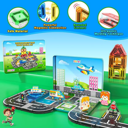 Mini Magnetic Tiles Road Travel Essentials Set — Portable STEM Sensory Magnetic Building Blocks for Toddlers & Preschool, Compact Travel Toys for 3+ Boys & Girls, Easter Birthday Gift