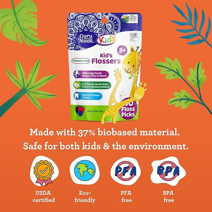 GuruNanda Dental Floss Picks for Kids, Extra-Long Giraffe-Shaped Picks, Fluoride-Free, Anti-Slip & Shred-Resistant Design & Eco-Friendly Handle & Berry Flavor, Ideal for Ages 3+, 40 Count (Pack of 1)