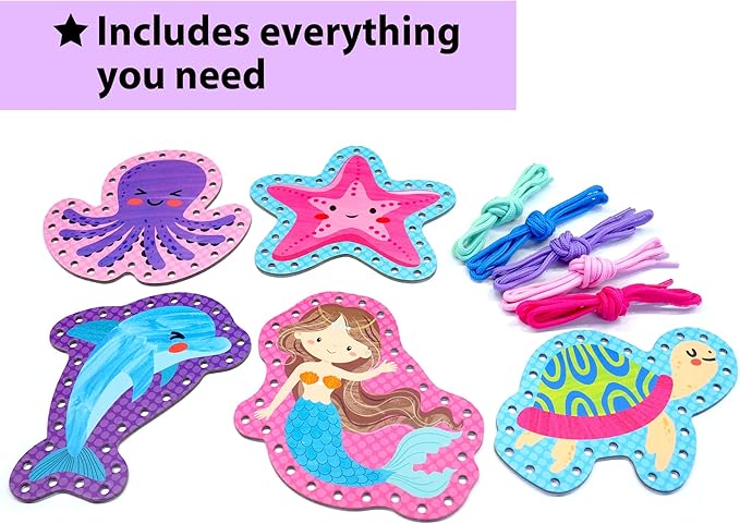KRAFUN Beginner Mermaid Lacing Card Kit for Kids Arts & Crafts, 5 Easy Mermaid, Animal Lacing Projects, Lacing Cards for Toddlers, Fine Motor Preschool Skills Toys