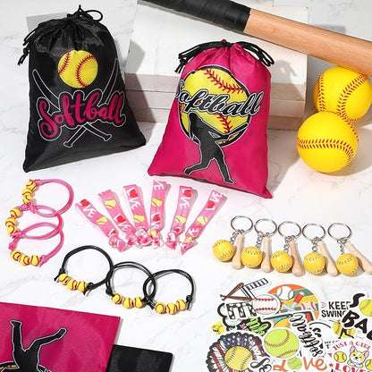 Jenaai 148 Pcs Softball Party Favors Include Softball Drawstring Bags Softball Charm Bracelets Softball Keychain Softball Hair Ties Softball Stickers, Softball Gifts for Women Birthday(Stylish)