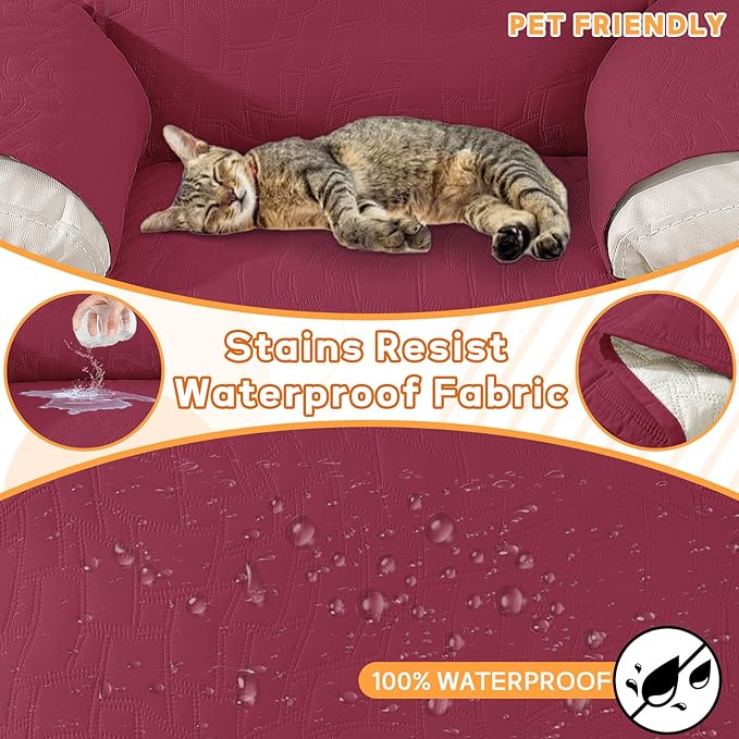 XINEAGE 100% Waterproof Recliner Chair Covers with Elastic Straps, Nonslip Reclining Couch Covers Washable Recliner Couch Cover with Pockets Furniture Protector for Pets Dogs (Wine Red, 23")