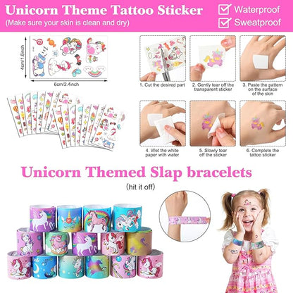 Hungdao 178 Pcs Unicorn Birthday Party Favors for 16 Kids with Keychain Sticker Stamp Ring Slap Bracelet Tattoo Sticker Gift Bag Tag for Unicorn Girl Party Carnival Gift Fillers