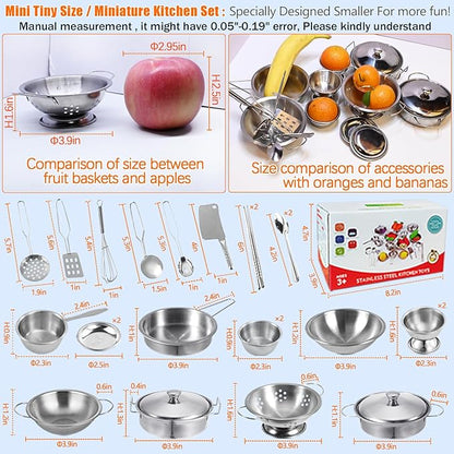Tiny Classic Stainless Steel Kitchen Toys Cooking Utensils Set-Pretend Play Pots Pans Toy Cookware Kits for Kids Cooking Utensil Set Interactive Learning Role Play Educational Toys for Kids Mini Size