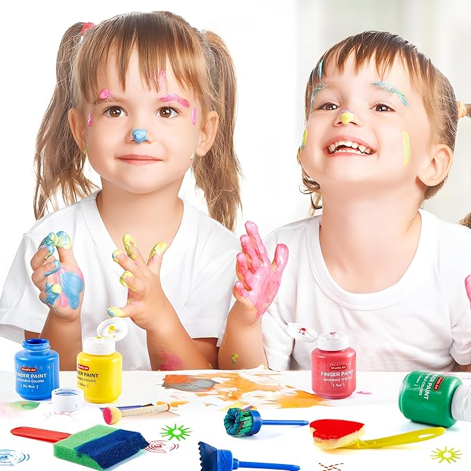 Kids Washable Finger Paints Set, Shuttle Art 33 Pack Non Toxic Kids Painting Set with 10 Colours (60ml) Finger Paints, Paint Pad, Sponge Paint Brushes, Eco Natural for Children and Toddler