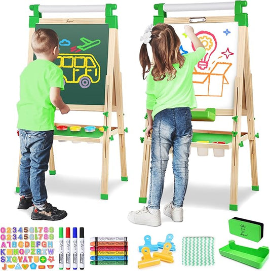 JOYOOSS Easel for Kids Art Easel Kids Easels for Toddlers,Wooden Kid Easel with Paper Roll - Adjustable Magnetic Double Sided Kids Dry Erase Board, Art Easel for Toddlers Outdoor Easel for Kids Green