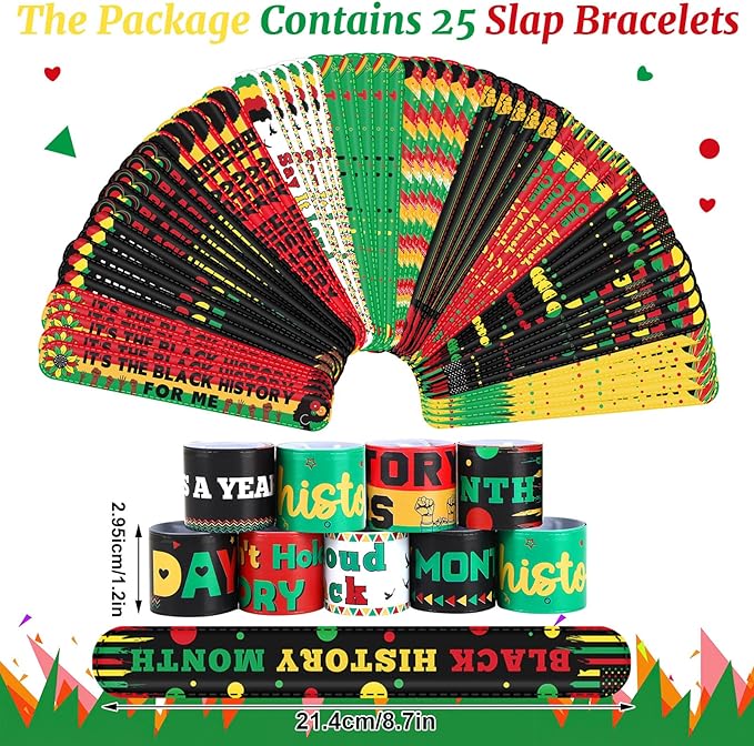 JUNEBRUSHS 50Pcs Black History Month Party Favors, Black History Slap Bracelets and Silicone Bracelets for Kids Adult Gifts Black History Month Wristbands Accessories Bulk for Black History Decoration