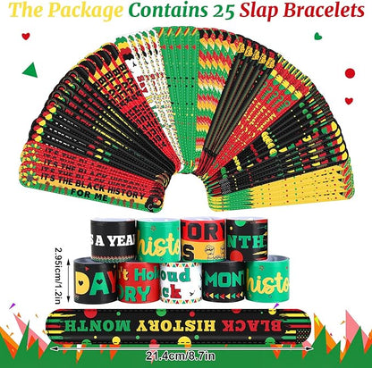 JUNEBRUSHS 50Pcs Black History Month Party Favors, Black History Slap Bracelets and Silicone Bracelets for Kids Adult Gifts Black History Month Wristbands Accessories Bulk for Black History Decoration