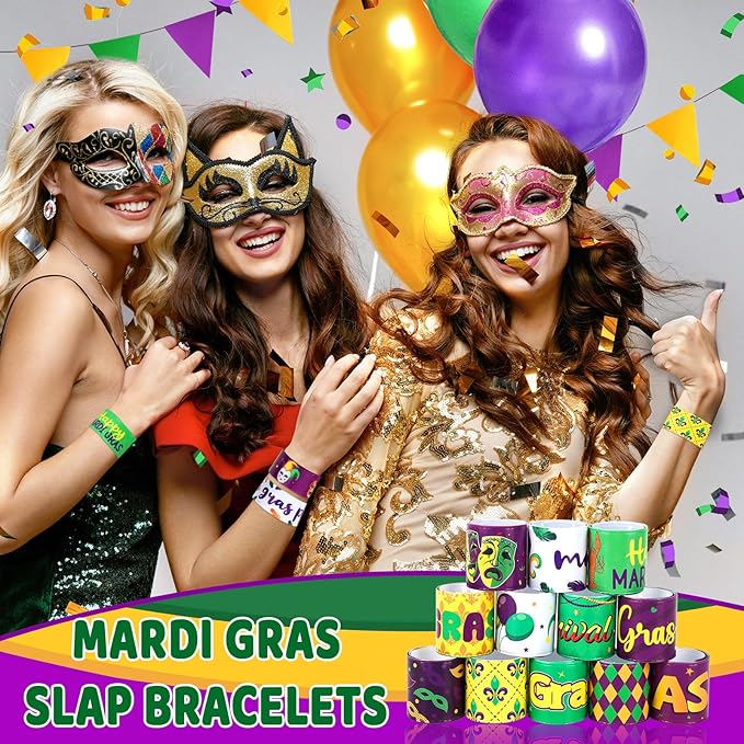 JUNEBRUSHS 56Pcs Mardi Gras Slap Bracelets, Mardi Gras Bracelets Bulk Carnival Wristbands for Kids Aldults Mardi Gras Party Favors Accessories Gifts Mardi Gras Throws for Bag Stuffers Fillers