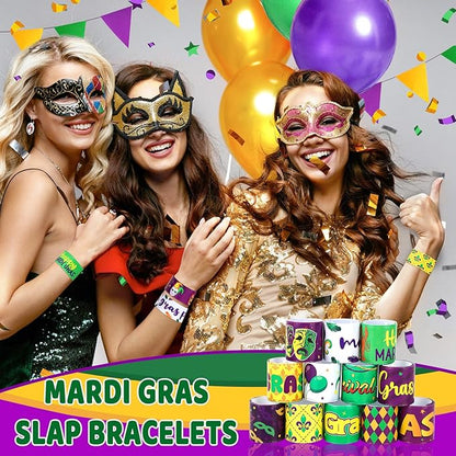 JUNEBRUSHS 56Pcs Mardi Gras Slap Bracelets, Mardi Gras Bracelets Bulk Carnival Wristbands for Kids Aldults Mardi Gras Party Favors Accessories Gifts Mardi Gras Throws for Bag Stuffers Fillers