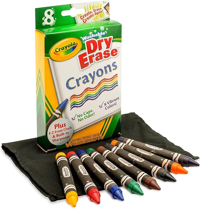 Crayola Washable Dry Erase Crayons (8ct), Includes Eraser Mitt & Sharpener, Classroom Supplies for Teachers
