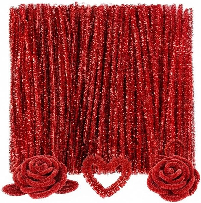 Caydo 200 Pieces Glitter Red Pipe Cleaners,Thick Fluffy Chenille Stems, Pipe Cleaner Crafts for Arts & Crafts, Perfect for Making Animals, Flowers, and Mother's Day Decorations