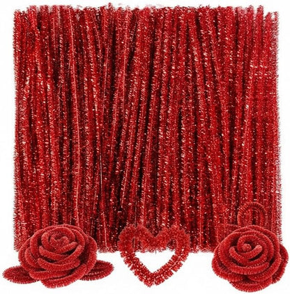 Caydo 200 Pieces Glitter Red Pipe Cleaners,Thick Fluffy Chenille Stems, Pipe Cleaner Crafts for Arts & Crafts, Perfect for Making Animals, Flowers, and Mother's Day Decorations