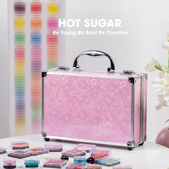 Hot Sugar Makeup Kit for Teenager Girls - Full Starter Cosmetics Set with Eye Shadow Lip Balm Blush Lip Gloss Brush Lip Pencil Eye Pencil and Mirror (Pink Love)