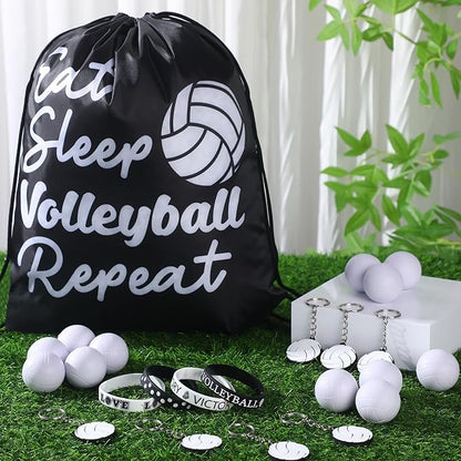 48 Pcs Volleyball Party Favors for Kids Include 12 Volleyball Drawstring Bags, 12 Volleyball Keychain, 12 Silicone Volleyball Bracelets, 12 Mini Stress Ball for Sports Birthday Supplies
