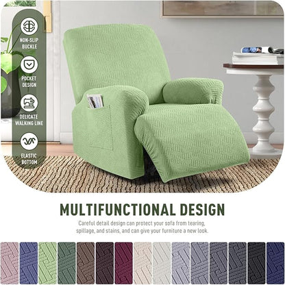 KinCam Recliner Covers, Stretch Reclining Chair Covers, Recliner Sofa Slipcovers Stripe Jacquard Recliner Couch Covers Furniture Protector Covers for Pet Kid (1 Seater, Light Green)