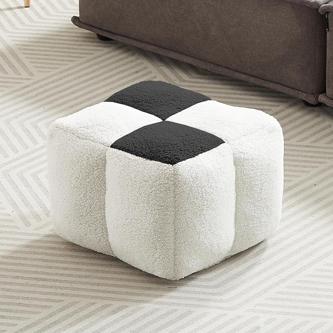 Louis Donné Ottoman Pouf White and Black Contrast Tidy Fabric Floor Chair - 17.7 * 17.7 * 15.7 Inch Squares, Soft Compressed Form Inside for Children and Ladies