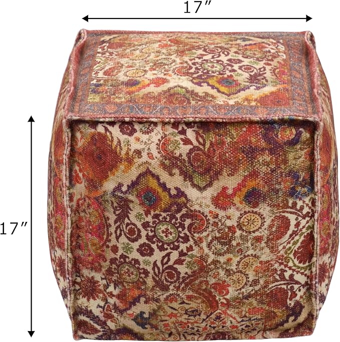 COTTON CRAFT Printed Pouf - Ottoman Foot Stool Bean Bag - Dorm Kids Room Bedroom Home Décor Accent Seating - Boho Modern Comfortable Prefilled Cotton Square Pouf Footrest - 17x17x17 inch - Coral Multi