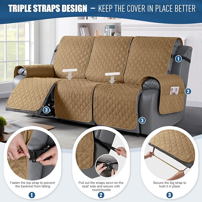 TAOCOCO 100% Waterproof Recliner Covers, Recliner Sofa Covers with Leg Straps, Reversible Recliner Couch Cover for Reclining Chair, Washable Couch Protector for Pets Kids(3 Seater, Camel)