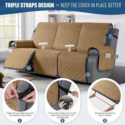 TAOCOCO 100% Waterproof Recliner Covers, Recliner Sofa Covers with Leg Straps, Reversible Recliner Couch Cover for Reclining Chair, Washable Couch Protector for Pets Kids(3 Seater, Camel)