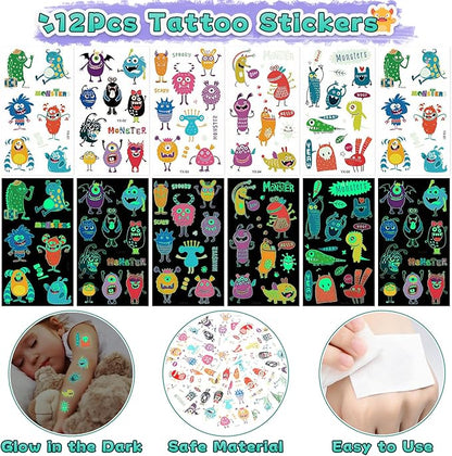 98Pcs Monster Party Favors Birthday Supplies for Kid Monster Drinking Straw Luminous Tattoo Sticker Keychain Slap Bracelet Sticker Pinata Filler Goodie Bag Stuffer Monster Birthday Party Supplies