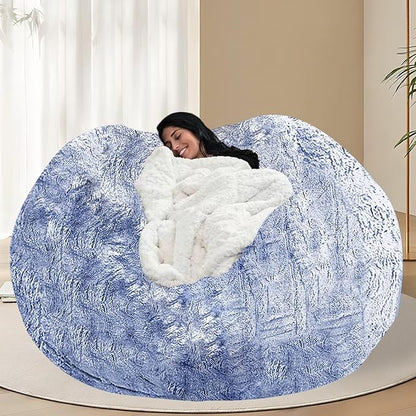 BCU 6FT Bean Bag Chair for Adults and Kids Without Filler Giant Stuffed Animal Storage Cover Soft Faux Fur Floor Chair Cover for Bedroom Living Room, Silver Blue