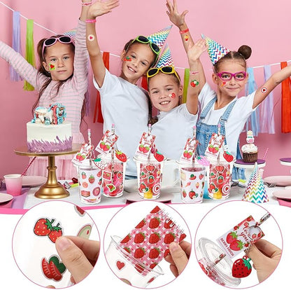 Colarr 161 Pcs Strawberry Party Favors School Stationery Set Includes Gift Cup Notebook Pencil Sharpener Eraser Keychain Stamp Slap Bracelet Sticker Card Valentine's Day gift for kids Child Supplies
