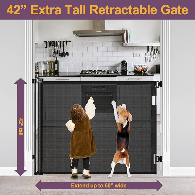 42" Tall X 60" Wide Retractable Baby Gates Extra Tall Pet Gate for Doorways Tall Dog Gate for Kids and Pets Extra Tall Cat Gate for Hallway Adjustable Mesh Gate Indoor Outdoor (Black)