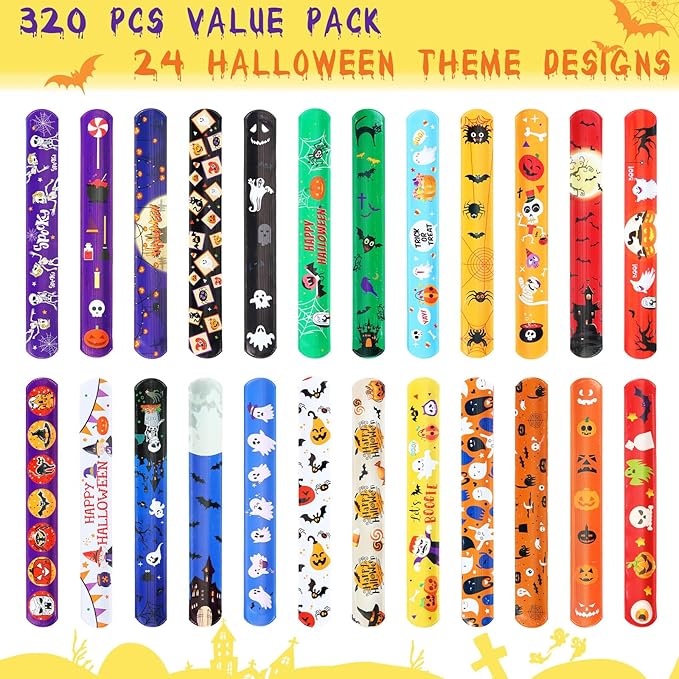 Liliful 360 Pcs Halloween Slap Bracelets Bulk for Kids Halloween Snap Bracelets Decor 24 Styles Halloween Wristbands Bags Filler Halloween Party Favor