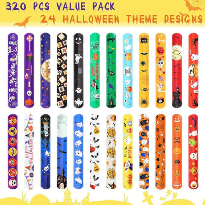 Liliful 360 Pcs Halloween Slap Bracelets Bulk for Kids Halloween Snap Bracelets Decor 24 Styles Halloween Wristbands Bags Filler Halloween Party Favor