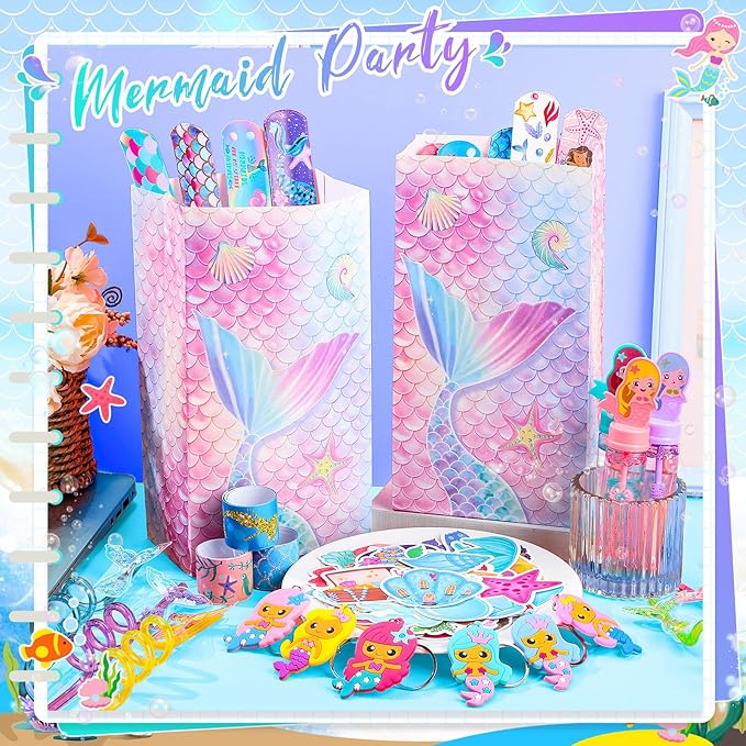 110 Pcs Mermaid Party Favors Birthday Decoration Party Supplies Mermaid Bubble Wands Straws Keychains Bag Snap Bracelet Stickers Fillers