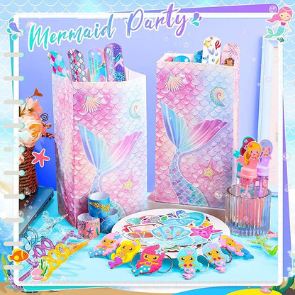 110 Pcs Mermaid Party Favors Birthday Decoration Party Supplies Mermaid Bubble Wands Straws Keychains Bag Snap Bracelet Stickers Fillers