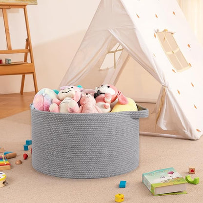 OIAHOMY 90L Blanket Basket for Living Room, Large Basket 23" x 23" x 13" with Handle, Laundry Hamper for Blankets, Pillows, Toy Storage for Kids, Dogs - Light Grey