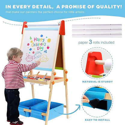 3 in 1 Adjustable Kids Art Drawing Easel Set-Sided Magnetic Whiteboard & Chalkboard with Painting Paper Roll - Versatile Art Station Gift for Toddlers, Kids and Childrens Ages 3+