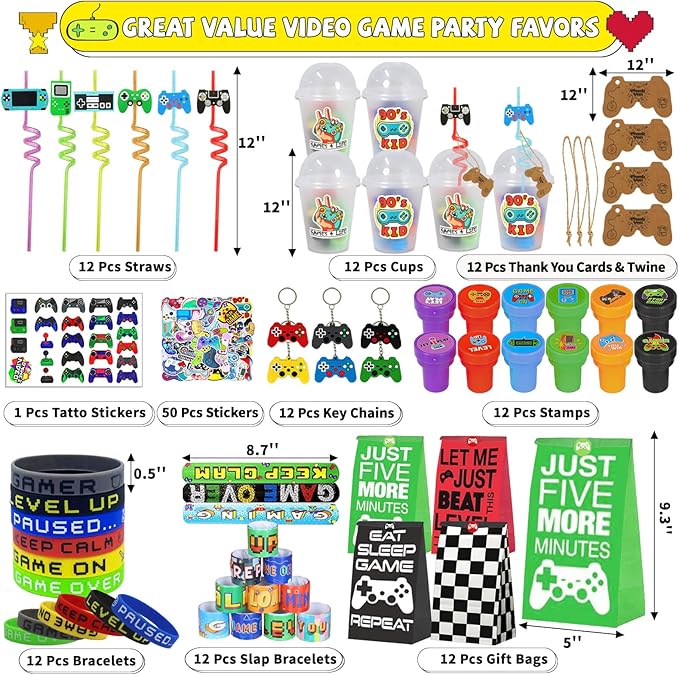 159 Pcs Video Game Party Favors, Gamer Gaming Party Favors - Drinking Straws Cups Slap Bracelets Keychains Gift Tags Stamps Stickers Gift Bags for Game On Birthday Party Favor Supplies