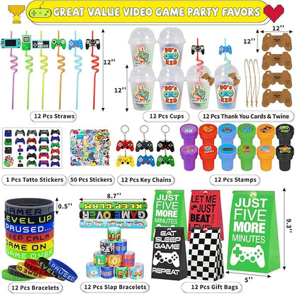 159 Pcs Video Game Party Favors, Gamer Gaming Party Favors - Drinking Straws Cups Slap Bracelets Keychains Gift Tags Stamps Stickers Gift Bags for Game On Birthday Party Favor Supplies