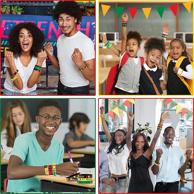 JUNEBRUSHS 50Pcs Black History Month Party Favors, Black History Slap Bracelets and Silicone Bracelets for Kids Adult Gifts Black History Month Wristbands Accessories Bulk for Black History Decoration
