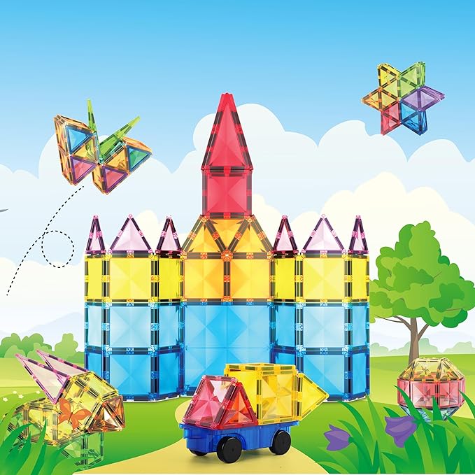 PicassoTiles 63 Piece Magnetic Building Block Construction Toy Set Diamond Magnet Tile Blocks with Car Truck STEM Learning Kit Early Education Builder Playset Toys for Children Toddler Boy Girl Age 3+