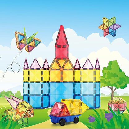 PicassoTiles 63 Piece Magnetic Building Block Construction Toy Set Diamond Magnet Tile Blocks with Car Truck STEM Learning Kit Early Education Builder Playset Toys for Children Toddler Boy Girl Age 3+