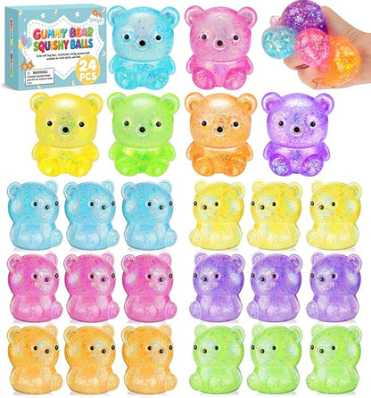 24 Pack Bear Stress Squishy Ball，Fidget Taba Squishy Toys for Kids ，Sugar Filled Gummy Stress Cube, Bear Toys Squeeze Balls for Party Favors, Classroom Prizes ,Goodie Bags Stuffer