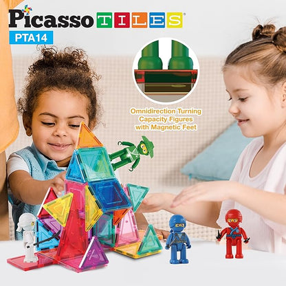 Picasso Toys Magnetic Figures 4 Piece Ninja Character Action Building Block Tiles Toddler Toy Set Magnet Expansion Pack Ages 3 and up Educational STEM Learning Kit Pretend Playset Construction PTA14