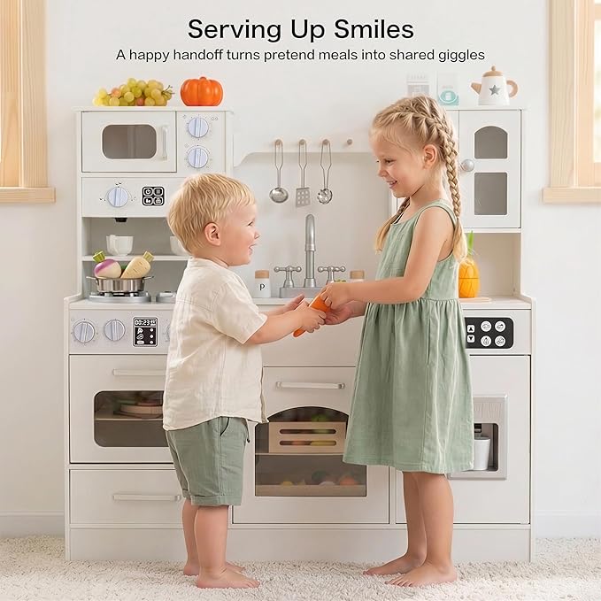 Wooden Play Kitchen for Toddlers and Kids with Lights & Sounds, Large Interactive Pretend Play Set with Ice Maker, Stove, Sink, Oven, 12 Accessories - Ages 3-8